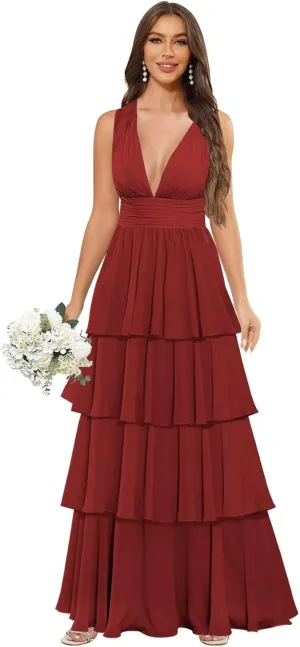 Long Chiffon Tiered Bridesmaid Dresses for Women A Line Pleated V Neck Ruffles Formal Evening Gown