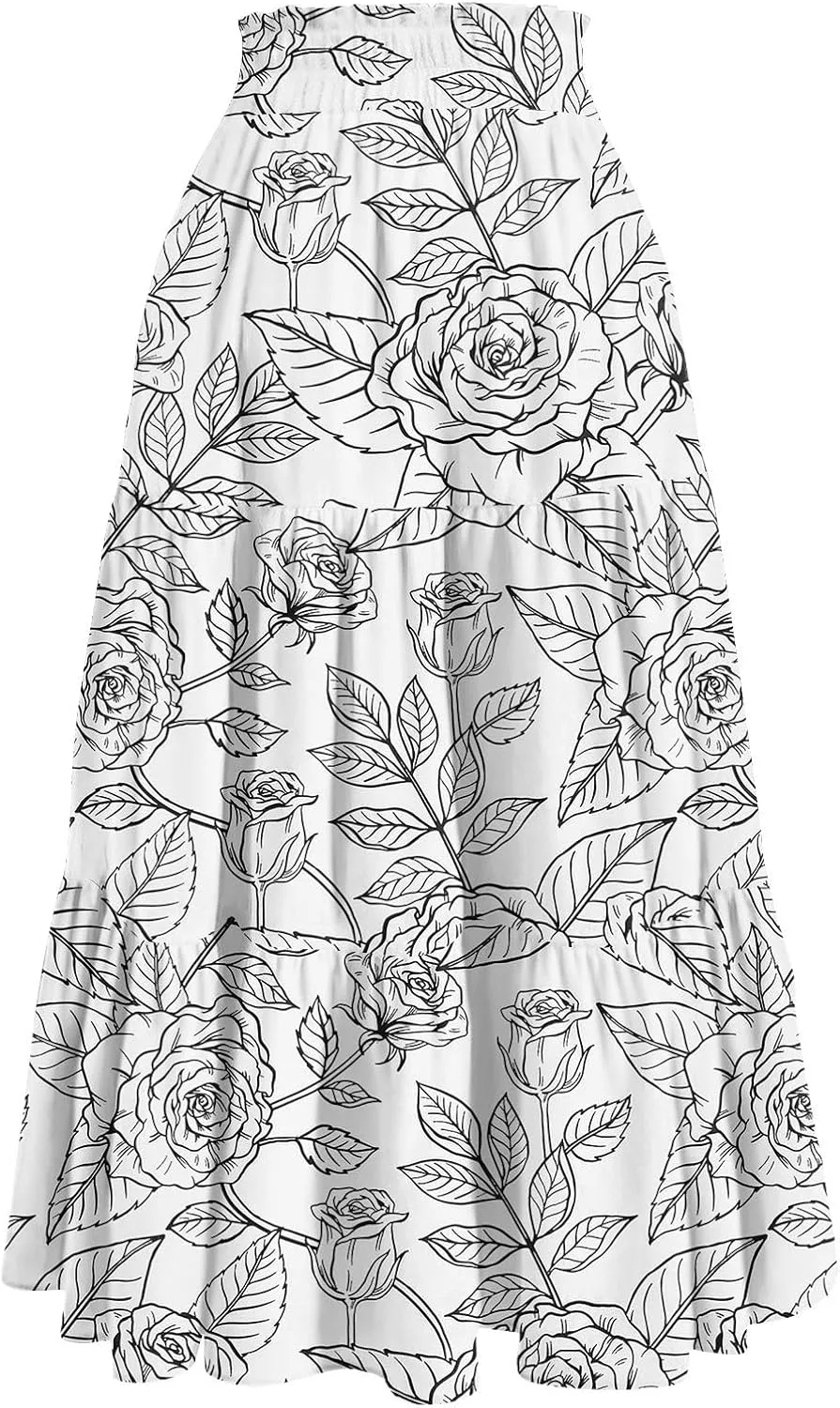 Long Skirts for Women 2025 Summer Floral Print Pleated Dress High Waist A Line Maxi Skirts Beach Flowy Boho Dresses
