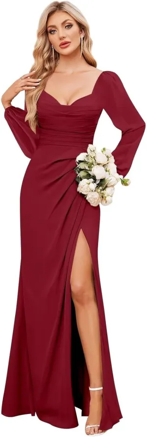Long Sleeve Bridesmaid Dresses for Women Long Mermaid Chiffon Formal Dress Evening Gown with Slit