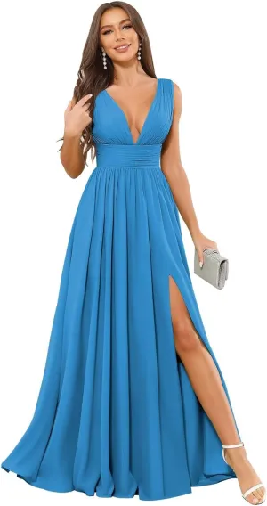 Long V Neck Bridesmaid Dresses for Women A Line Pleated Chiffon Formal Evening Gown with Slit
