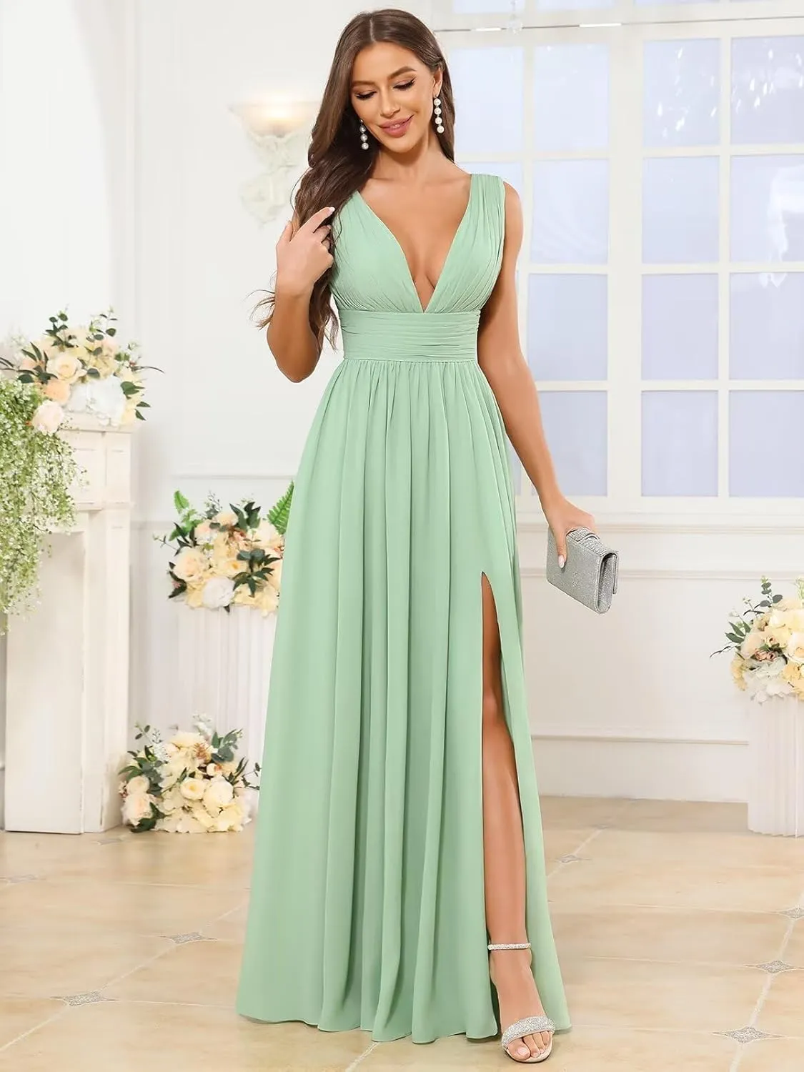 Long V Neck Bridesmaid Dresses for Women A Line Pleated Chiffon Formal Evening Gown with Slit