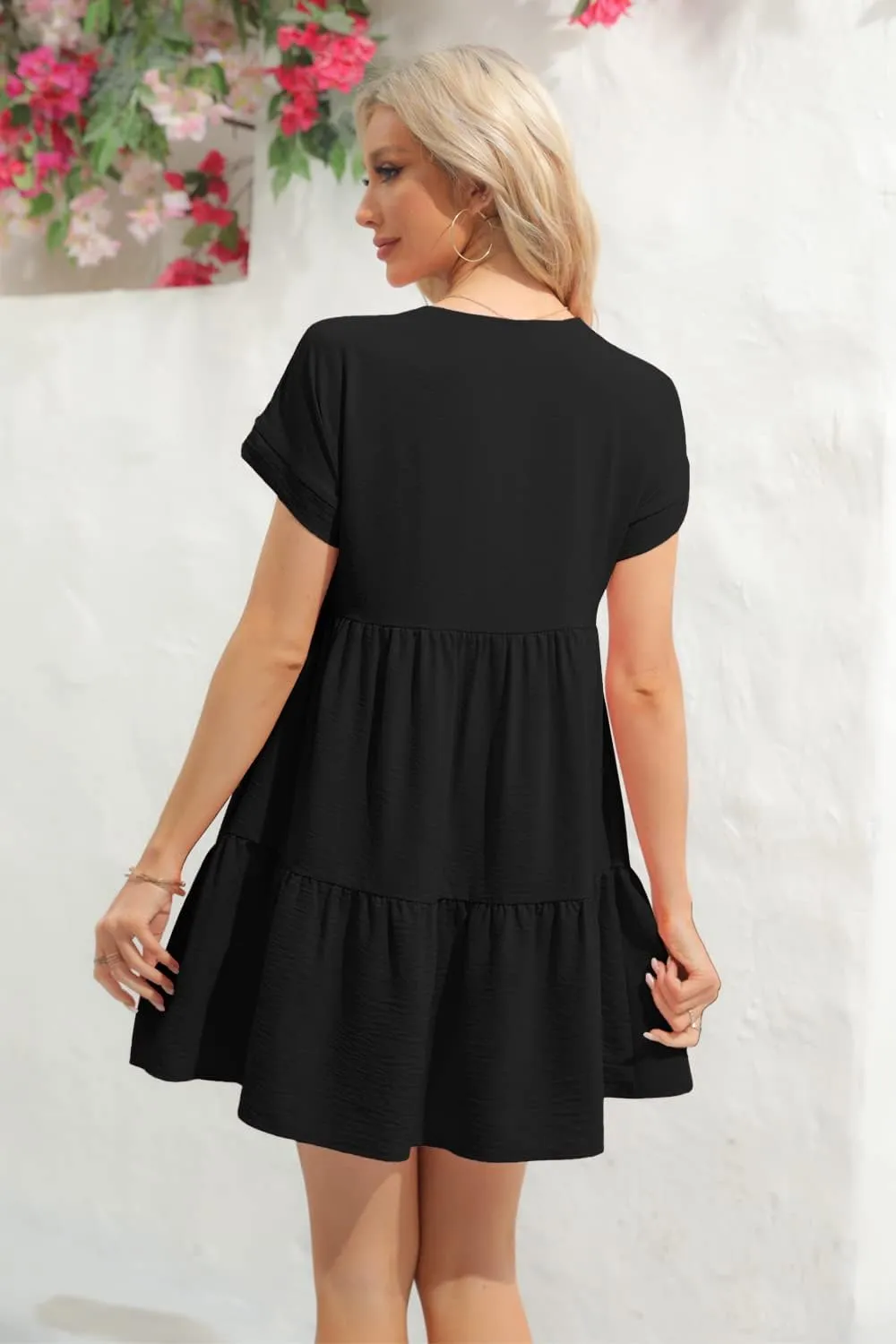 Lueluoye Women V Neck Flowy Babydoll Dresses 2025 Summer Short Sleeve Swing Shift Loose Casual Summer Mini Tunic Dress