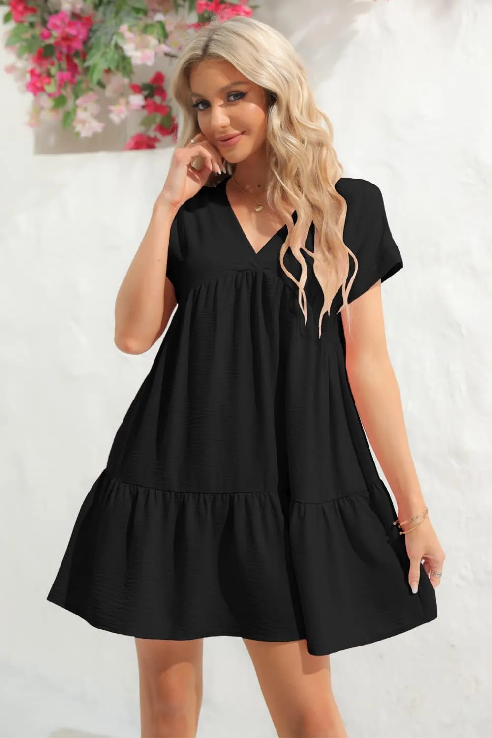 Lueluoye Women V Neck Flowy Babydoll Dresses 2025 Summer Short Sleeve Swing Shift Loose Casual Summer Mini Tunic Dress