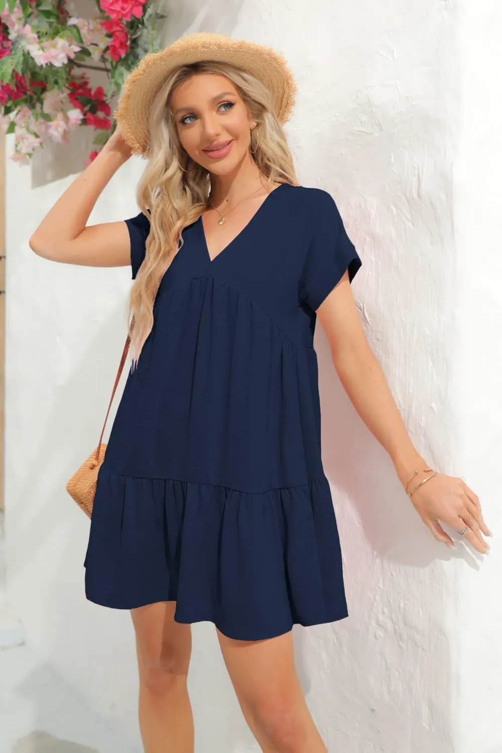 Lueluoye Women V Neck Flowy Babydoll Dresses 2025 Summer Short Sleeve Swing Shift Loose Casual Summer Mini Tunic Dress