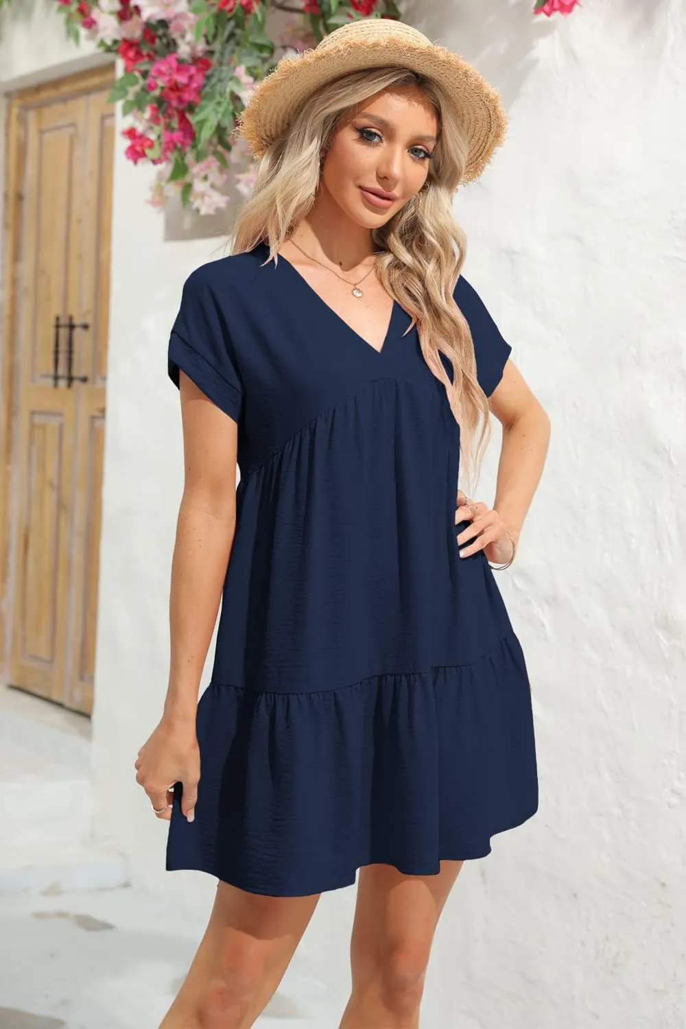 Lueluoye Women V Neck Flowy Babydoll Dresses 2025 Summer Short Sleeve Swing Shift Loose Casual Summer Mini Tunic Dress