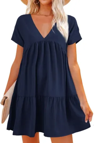 Lueluoye Women V Neck Flowy Babydoll Dresses 2025 Summer Short Sleeve Swing Shift Loose Casual Summer Mini Tunic Dress