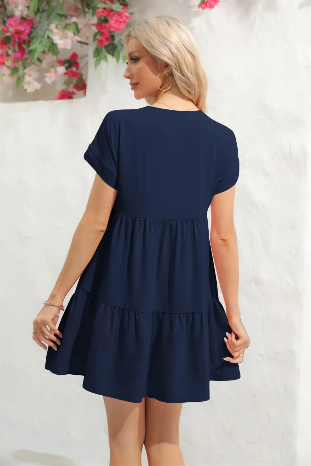 Lueluoye Women V Neck Flowy Babydoll Dresses 2025 Summer Short Sleeve Swing Shift Loose Casual Summer Mini Tunic Dress