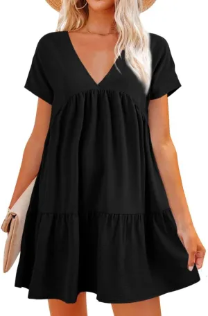 Lueluoye Women V Neck Flowy Babydoll Dresses 2025 Summer Short Sleeve Swing Shift Loose Casual Summer Mini Tunic Dress