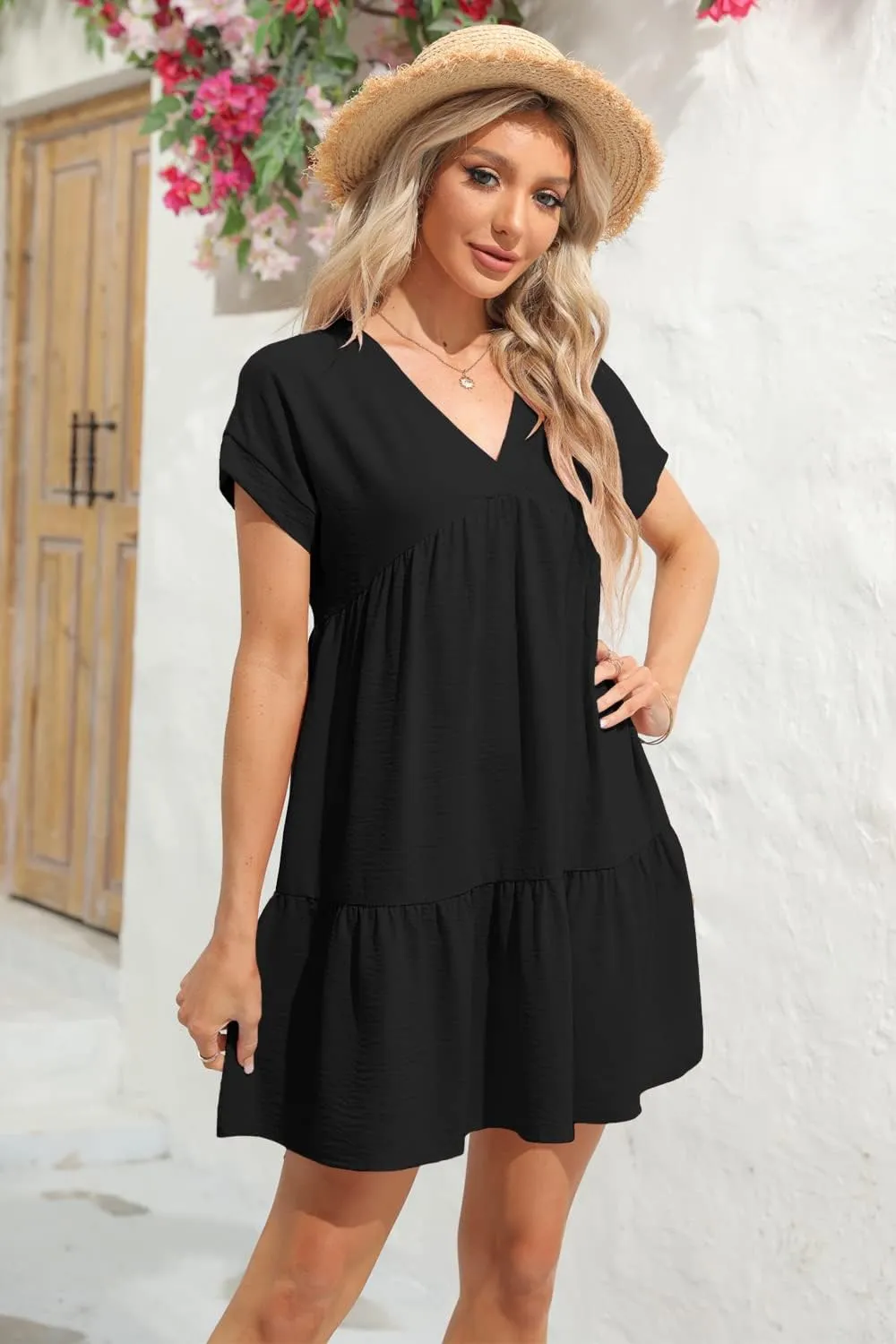 Lueluoye Women V Neck Flowy Babydoll Dresses 2025 Summer Short Sleeve Swing Shift Loose Casual Summer Mini Tunic Dress
