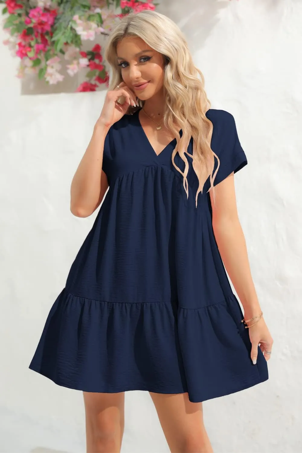 Lueluoye Women V Neck Flowy Babydoll Dresses 2025 Summer Short Sleeve Swing Shift Loose Casual Summer Mini Tunic Dress