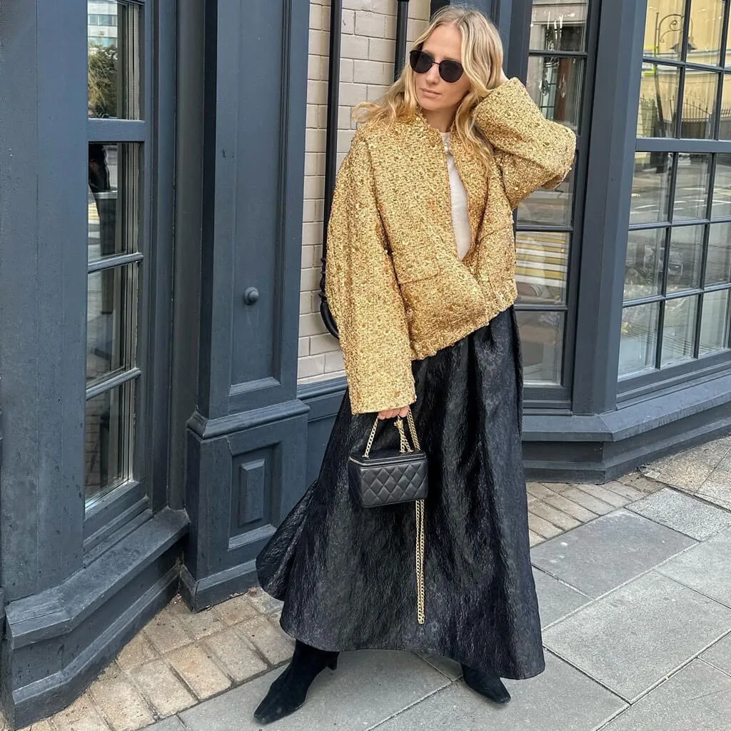 Luminous Lurex Sequin Embellished High Neck Cargo Pocket Oversized Jacket