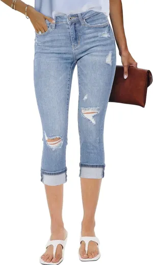 luvamia Capri Jeans for Women Stretch High Waisted Distressed Denim Capris Ripped Skinny Cropped Pants