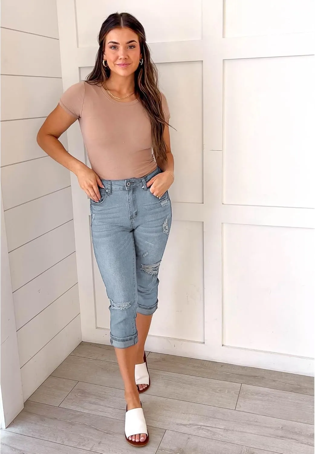 luvamia Capri Jeans for Women Stretch High Waisted Distressed Denim Capris Ripped Skinny Cropped Pants