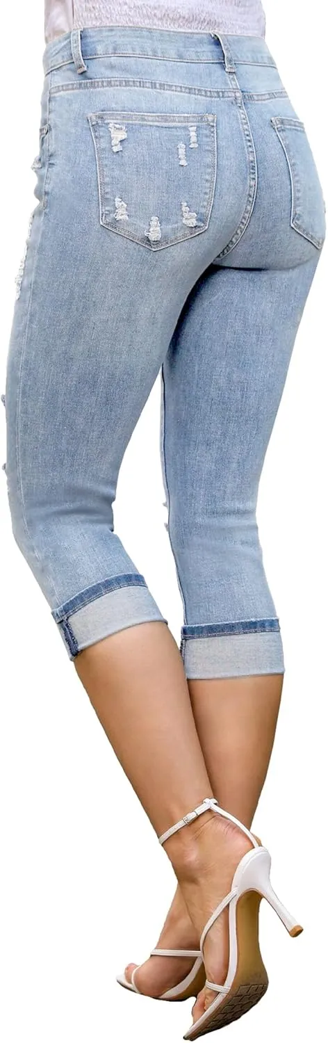 luvamia Capri Jeans for Women Stretch High Waisted Distressed Denim Capris Ripped Skinny Cropped Pants
