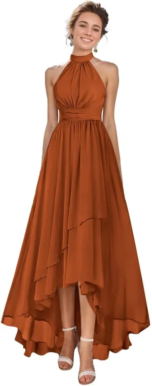 MAGGCIF Halter Bridesmaid Dress with Pockets Chiffon Ruffle A Line Long Formal Evening Gowns Prom Dresses