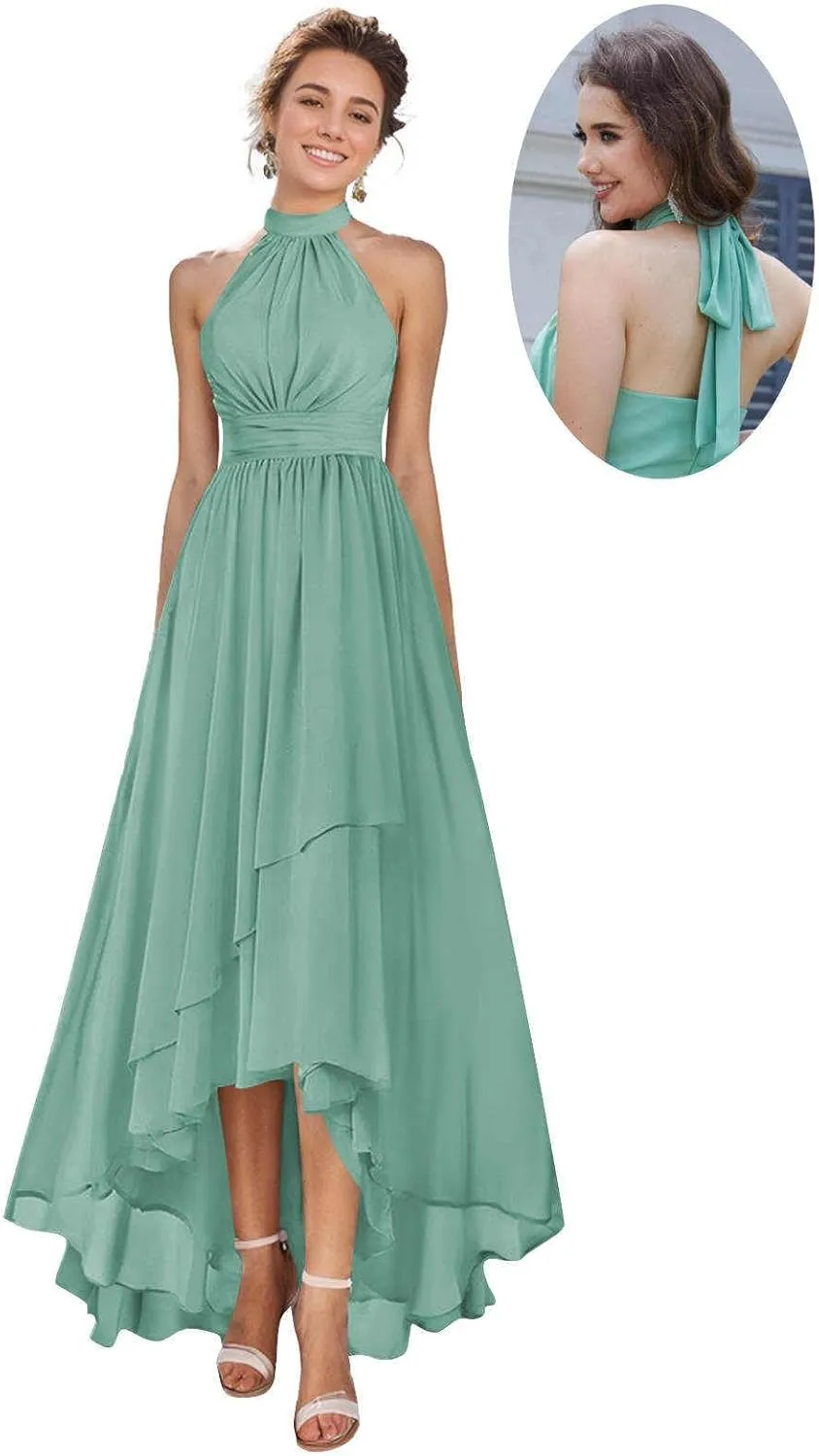 MAGGCIF Halter Bridesmaid Dress with Pockets Chiffon Ruffle A Line Long Formal Evening Gowns Prom Dresses