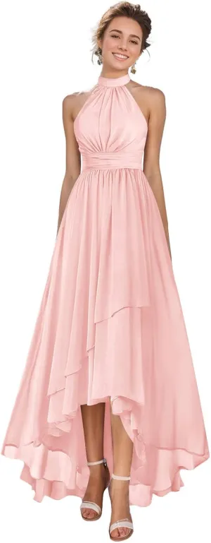 MAGGCIF Halter Bridesmaid Dress with Pockets Chiffon Ruffle A Line Long Formal Evening Gowns Prom Dresses