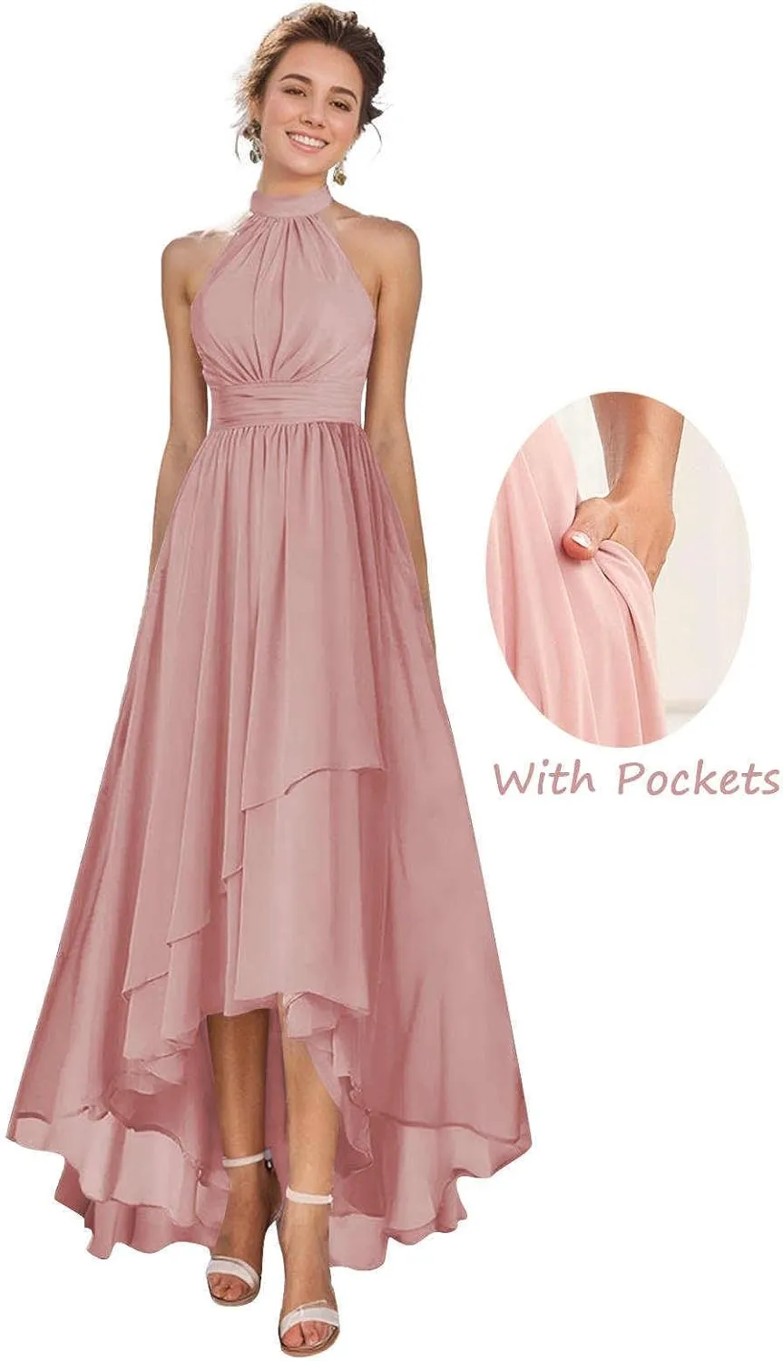 MAGGCIF Halter Bridesmaid Dress with Pockets Chiffon Ruffle A Line Long Formal Evening Gowns Prom Dresses