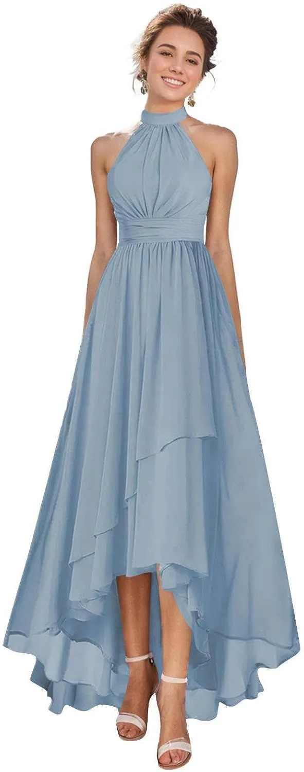 MAGGCIF Halter Bridesmaid Dress with Pockets Chiffon Ruffle A Line Long Formal Evening Gowns Prom Dresses