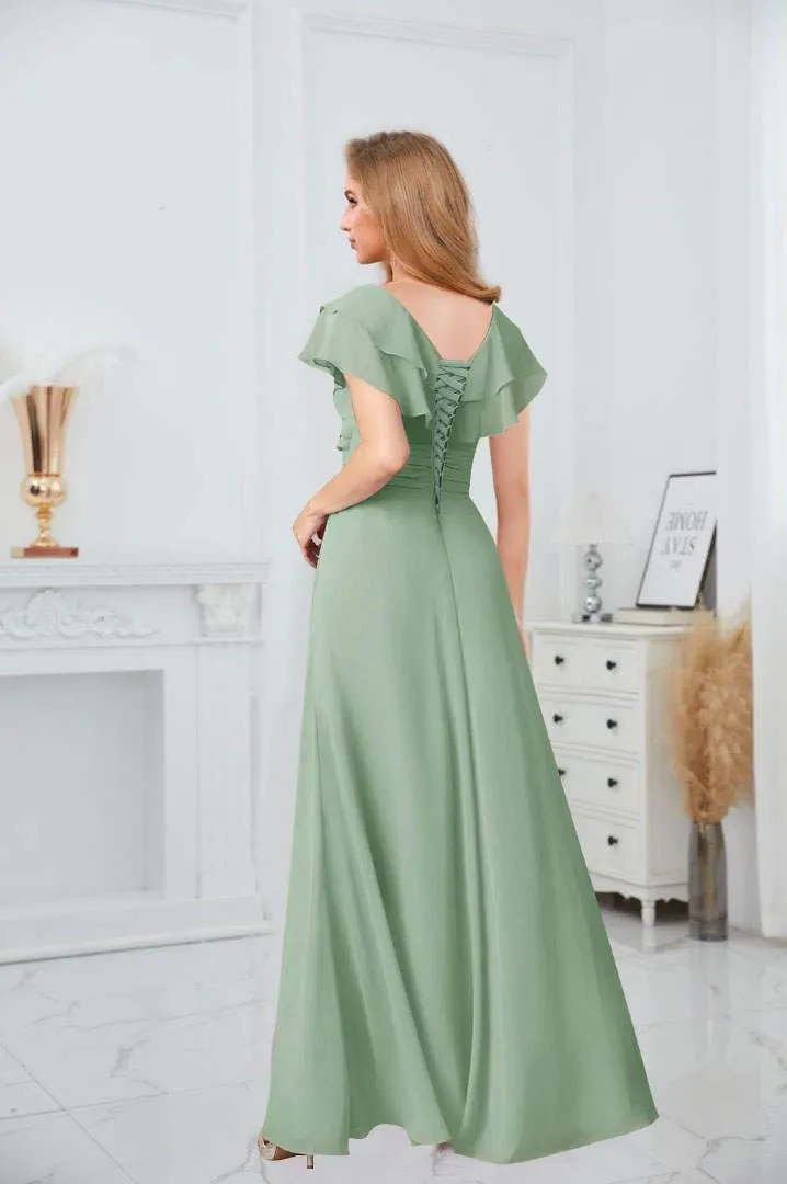 MAGGCIF V Neck Bridesmaid Dresses with Sleeves Chiffon Ruffle A Line Beaded Long Prom Dress Formal Evening Gowns
