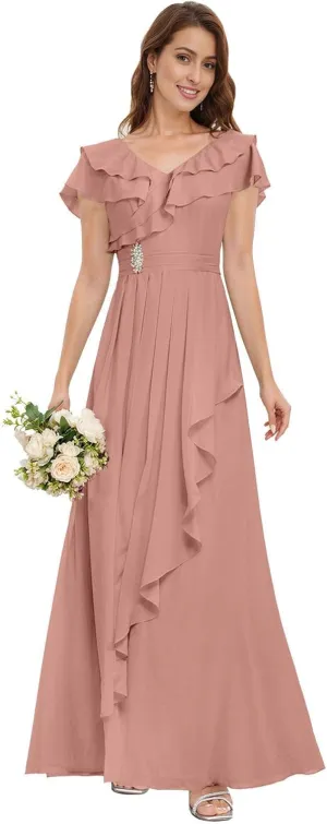 MAGGCIF V Neck Bridesmaid Dresses with Sleeves Chiffon Ruffle A Line Beaded Long Prom Dress Formal Evening Gowns