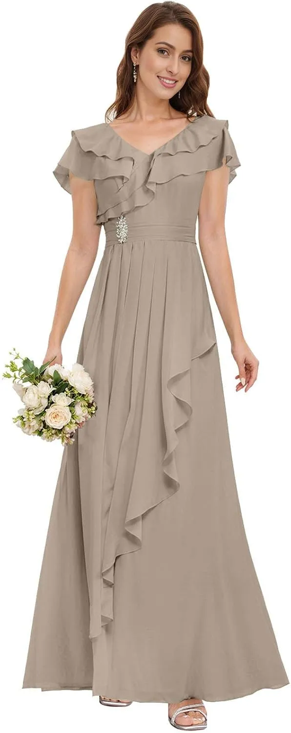 MAGGCIF V Neck Bridesmaid Dresses with Sleeves Chiffon Ruffle A Line Beaded Long Prom Dress Formal Evening Gowns
