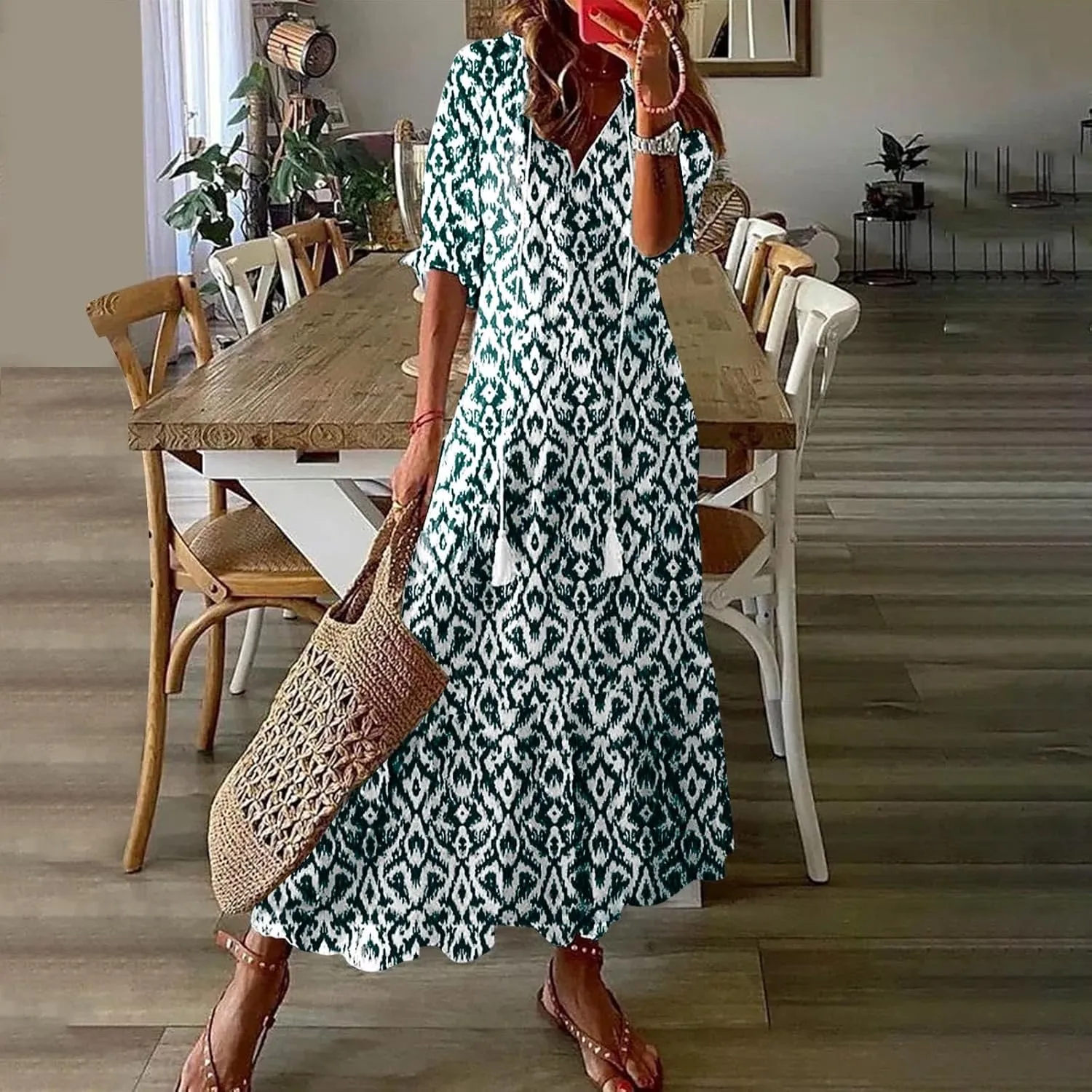 Maxi Dresses for Women 2025 V Neck Vintage Floral Dress Drawstring V Neck Spring Summer Dresses Beach Sundress