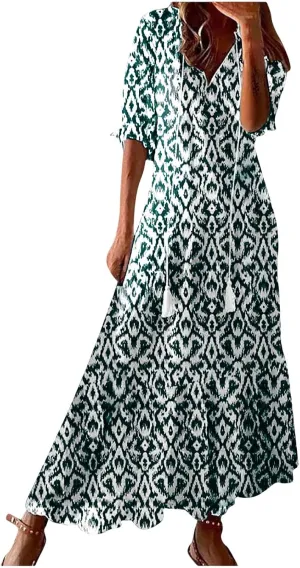Maxi Dresses for Women 2025 V Neck Vintage Floral Dress Drawstring V Neck Spring Summer Dresses Beach Sundress