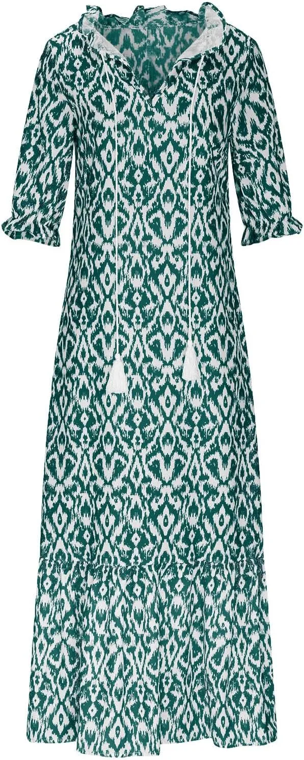 Maxi Dresses for Women 2025 V Neck Vintage Floral Dress Drawstring V Neck Spring Summer Dresses Beach Sundress
