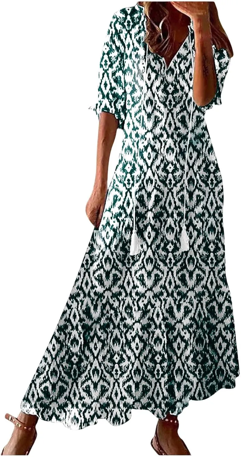 Maxi Dresses for Women 2025 V Neck Vintage Floral Dress Drawstring V Neck Spring Summer Dresses Beach Sundress