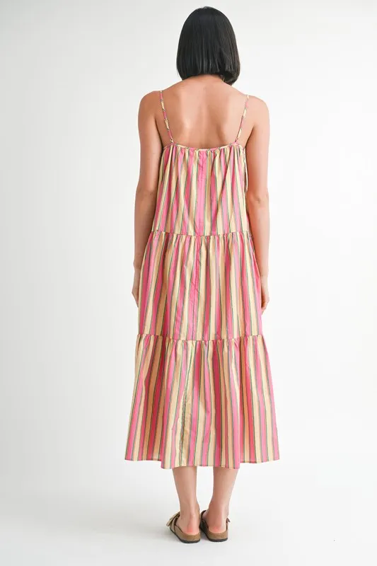MAXI FLARE SQAURE NECK STRIPE DRESS