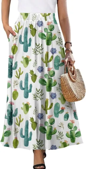 Maxi Skirt for Women Long Elegant High Waisted Cocktail Party Wedding Skirts Flared A-Line Skirts with Pockets