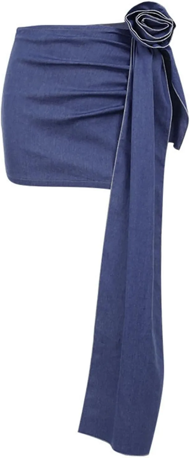 Maxi Skirt Women Ladies Fashion Sexy with Solid Color Big Flower Imitation Denim Skirt