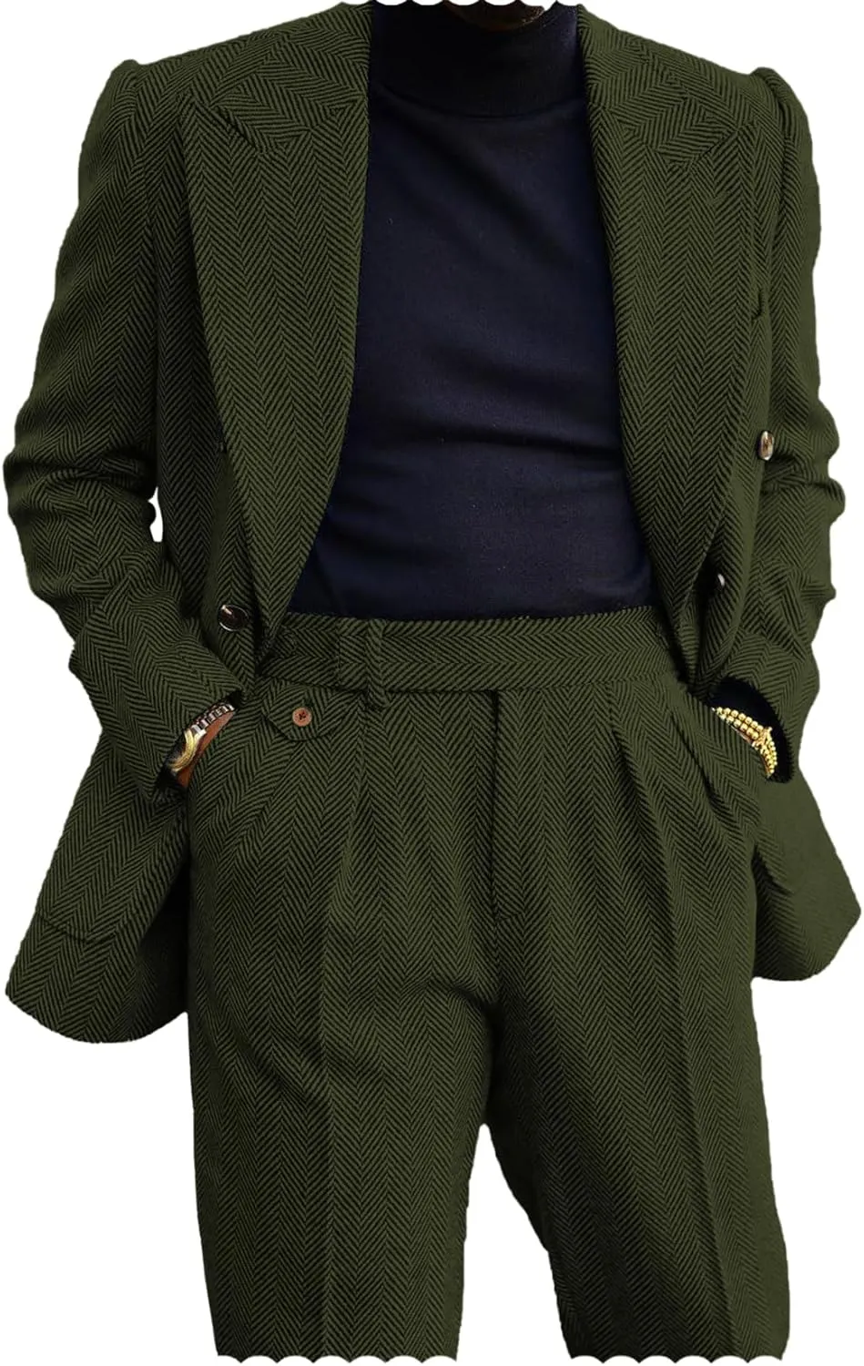 Men's 2 Piece Tweed Herringbone Suit Double-Breasted Tuxedo Party Wedding Blazer and Pants Set
