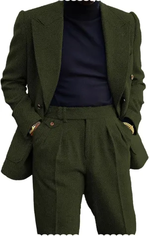 Men's 2 Piece Tweed Herringbone Suit Double-Breasted Tuxedo Party Wedding Blazer and Pants Set