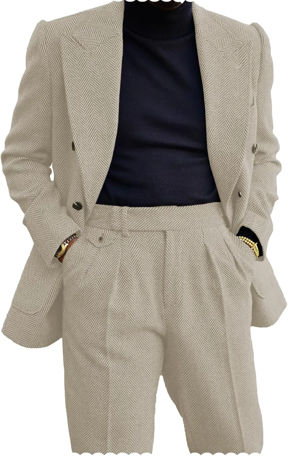 Men's 2 Piece Tweed Herringbone Suit Double-Breasted Tuxedo Party Wedding Blazer and Pants Set