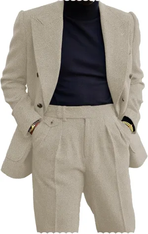 Men's 2 Piece Tweed Herringbone Suit Double-Breasted Tuxedo Party Wedding Blazer and Pants Set