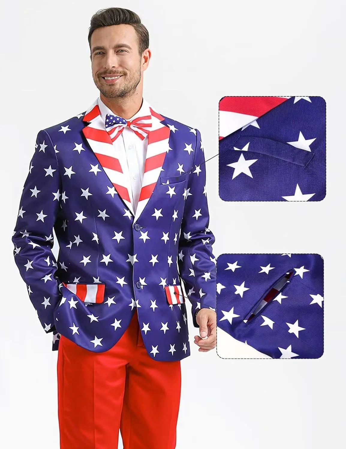 Men's 3-Piece American Flag Suits for 4th of July, Two Button Jacket & Pants & Tie & Bowtie
