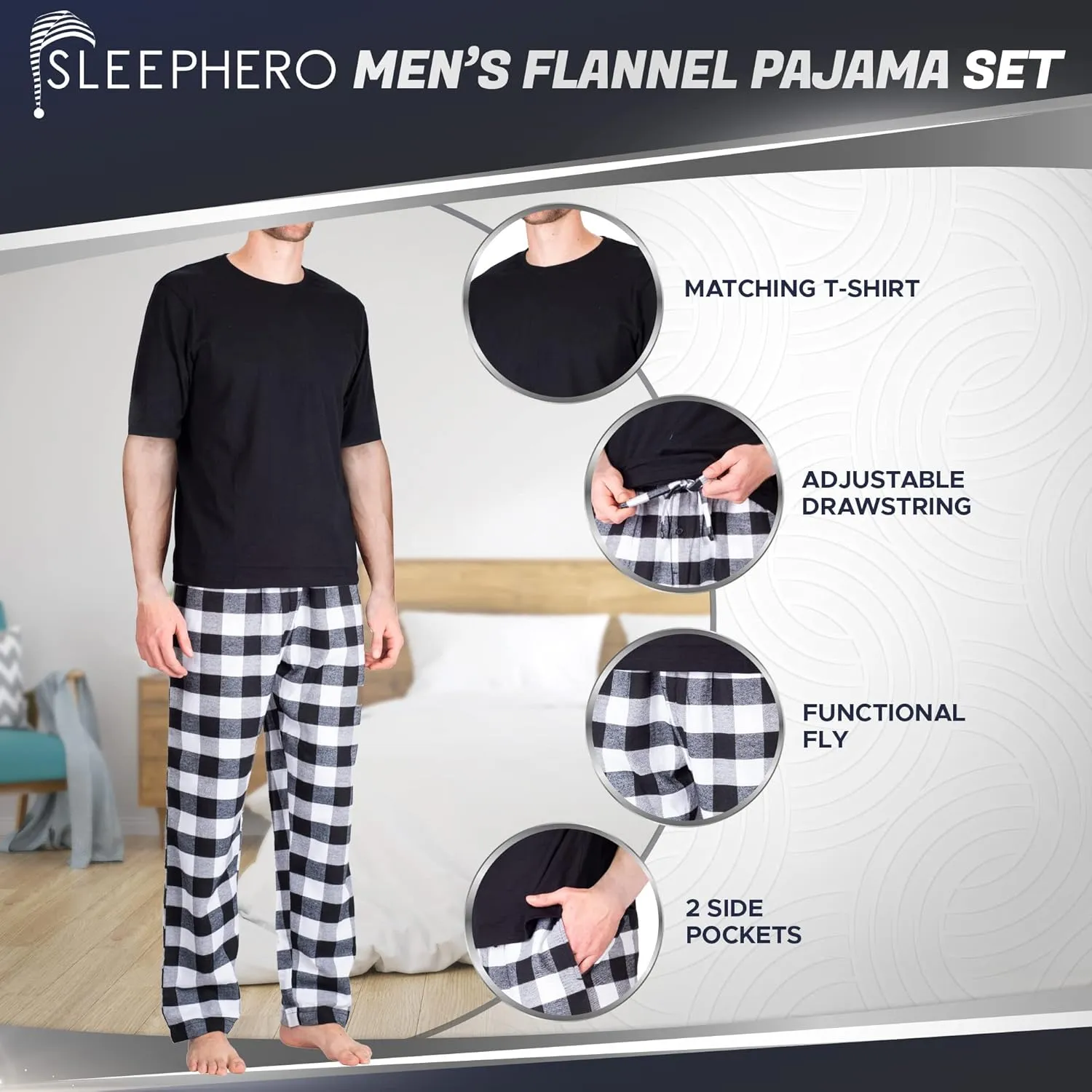 Mens Pajama Set 2 Piece PJ with Crew Neck Tee and Pants
