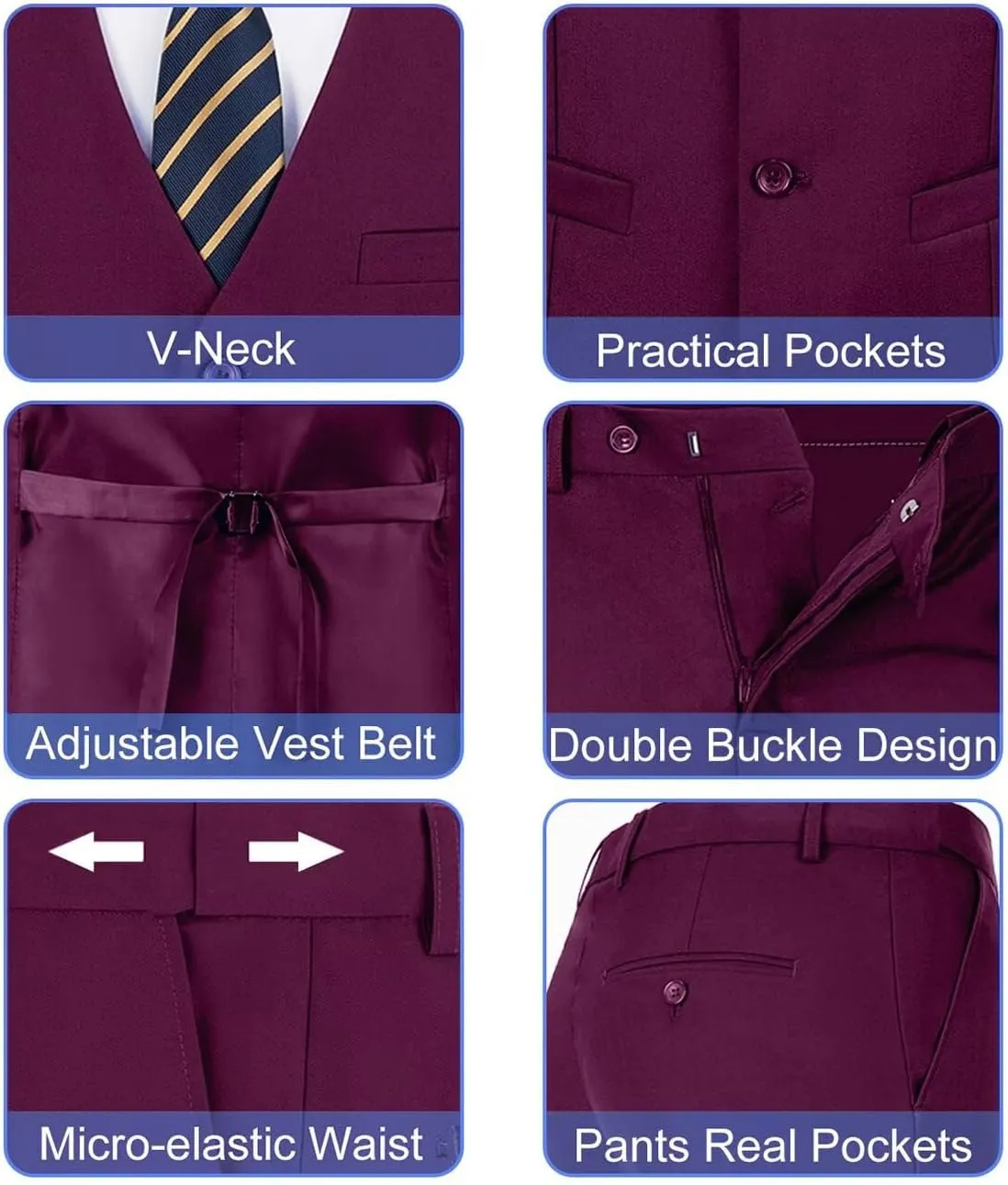 Mens Slim Fit 2 Piece Suit Set V-Neck Solid Dress Suit Vest Pants Wedding Prom Tuxedo for Men