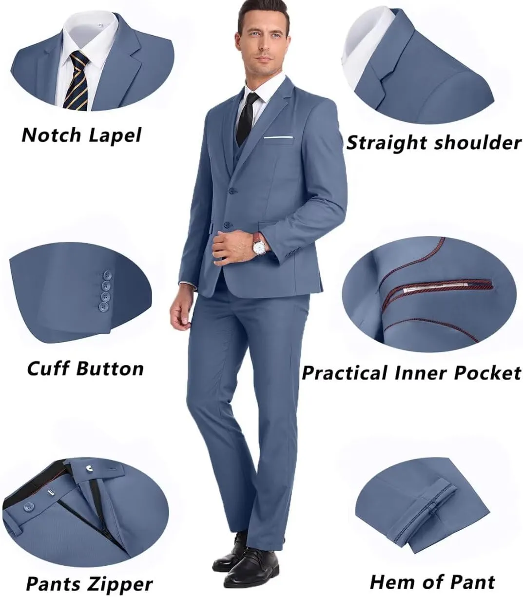 Men's Suit Slim Fit 3 Piece Wedding Dress Tux Suit Set Two Buttons Business Suits Blazer Jacket Vest Pants with Tie