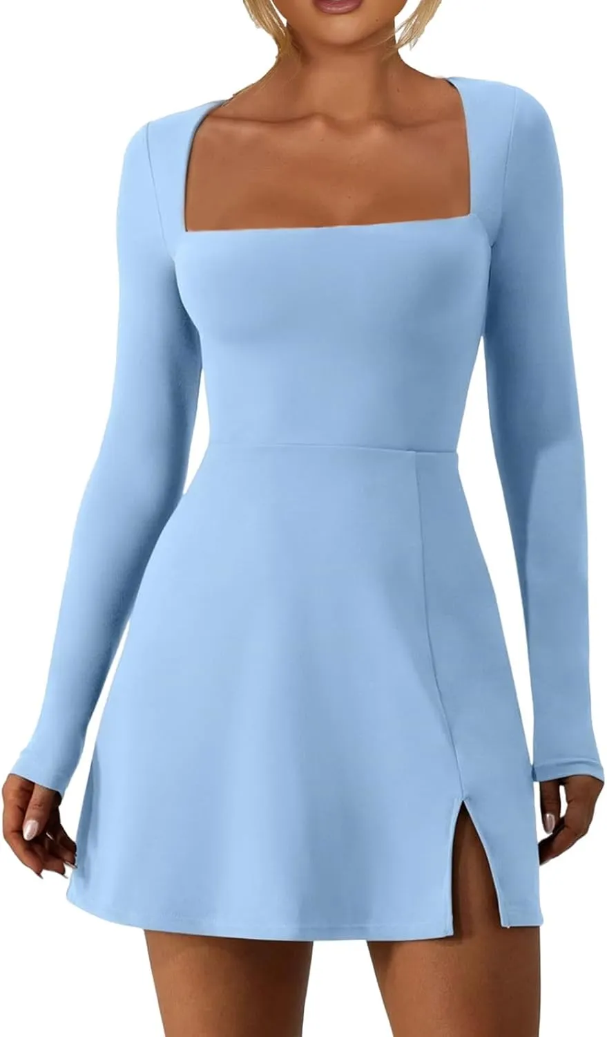 Mini Dresses for Women Square Neck Ruffle Hem Long Sleeve Dress Trendy Solid Color Tie Waisted Club Party Dress