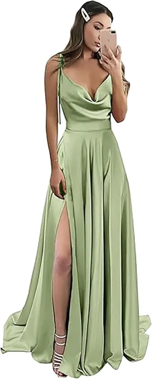 MisShow Long Satin Prom Dress Spaghetti Straps Bridesmaid Dresses for Women Evening Formal Gowns