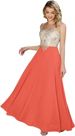 MisShow Women's Lace Applique Prom Dresses with Diamond Sheer Neck Long Chiffon Formal Evening Gowns