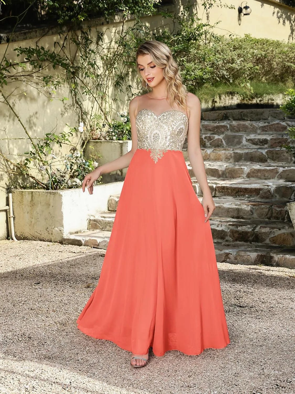 MisShow Women's Lace Applique Prom Dresses with Diamond Sheer Neck Long Chiffon Formal Evening Gowns