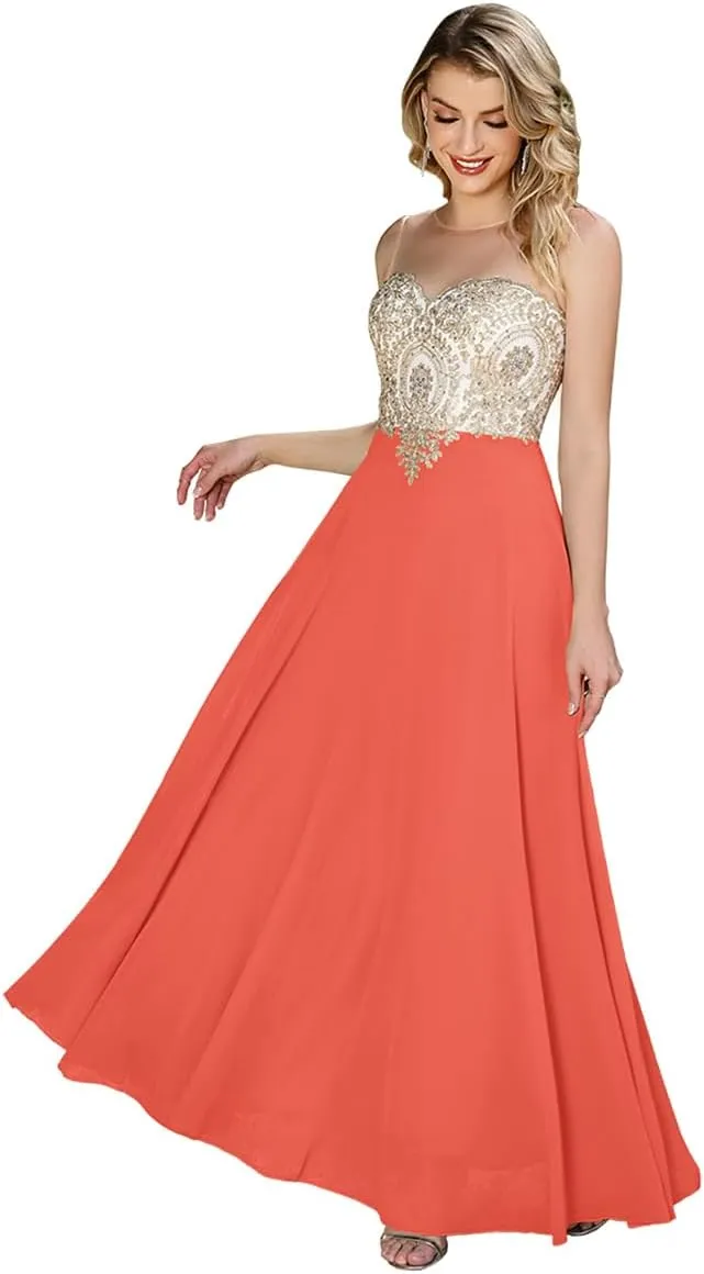 MisShow Women's Lace Applique Prom Dresses with Diamond Sheer Neck Long Chiffon Formal Evening Gowns