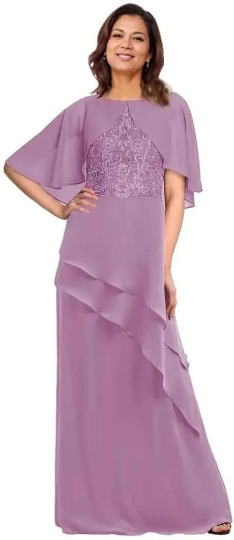 Mother of The Bride Dress with Cape Sleeves Layered Chiffon Lace Formal Evening Gown Floor Length