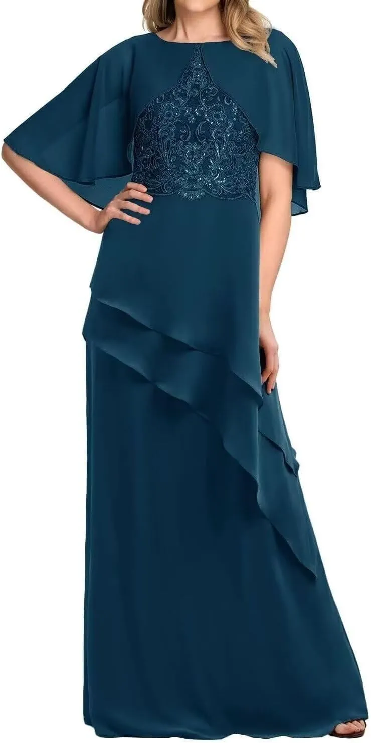 Mother of The Bride Dress with Cape Sleeves Layered Chiffon Lace Formal Evening Gown Floor Length