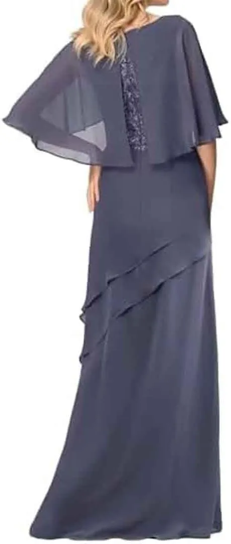 Mother of The Bride Dress with Cape Sleeves Layered Chiffon Lace Formal Evening Gown Floor Length