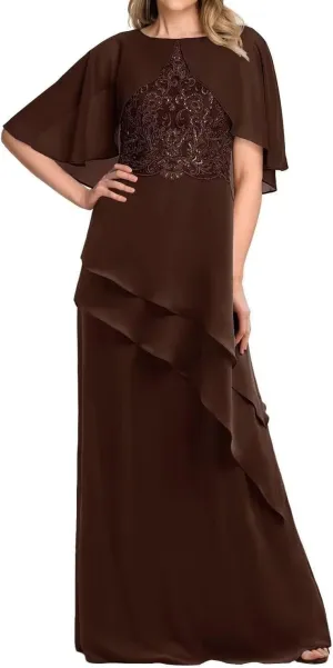 Mother of The Bride Dress with Cape Sleeves Layered Chiffon Lace Formal Evening Gown Floor Length
